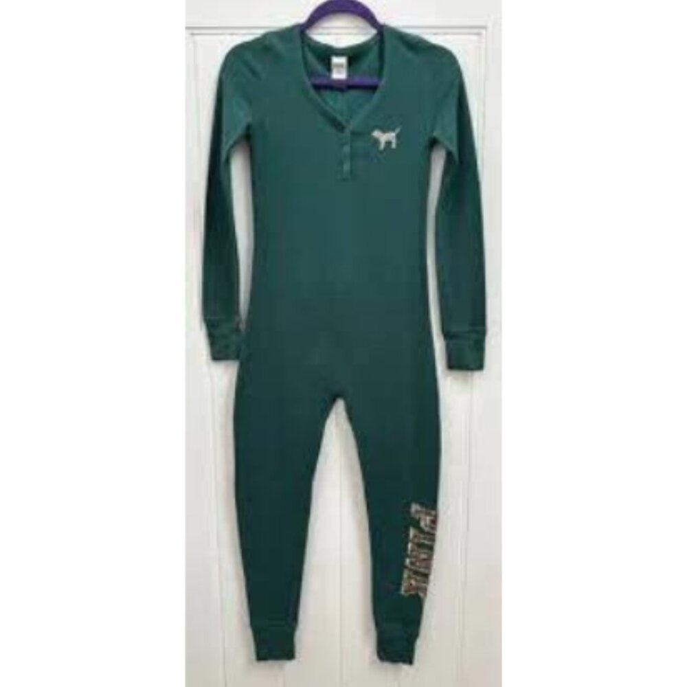 PINK Victoria's Secret Green Sequin Holiday Thermal One Piece Pajamas Small